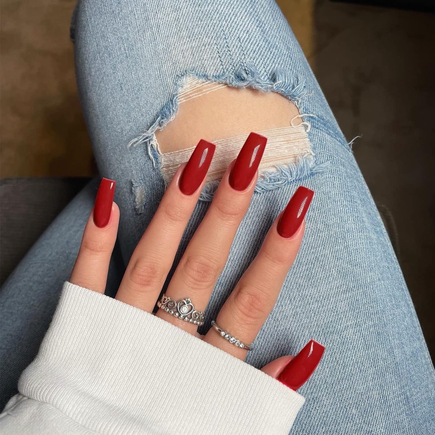 Red Press on Nails Medium Long Square, Medium Coffin Nails Acrylic Nails Press Ons Glue on Nails Medium Length, Solid Color Fake Nails for Women Holiday Thick Artificial Nails
